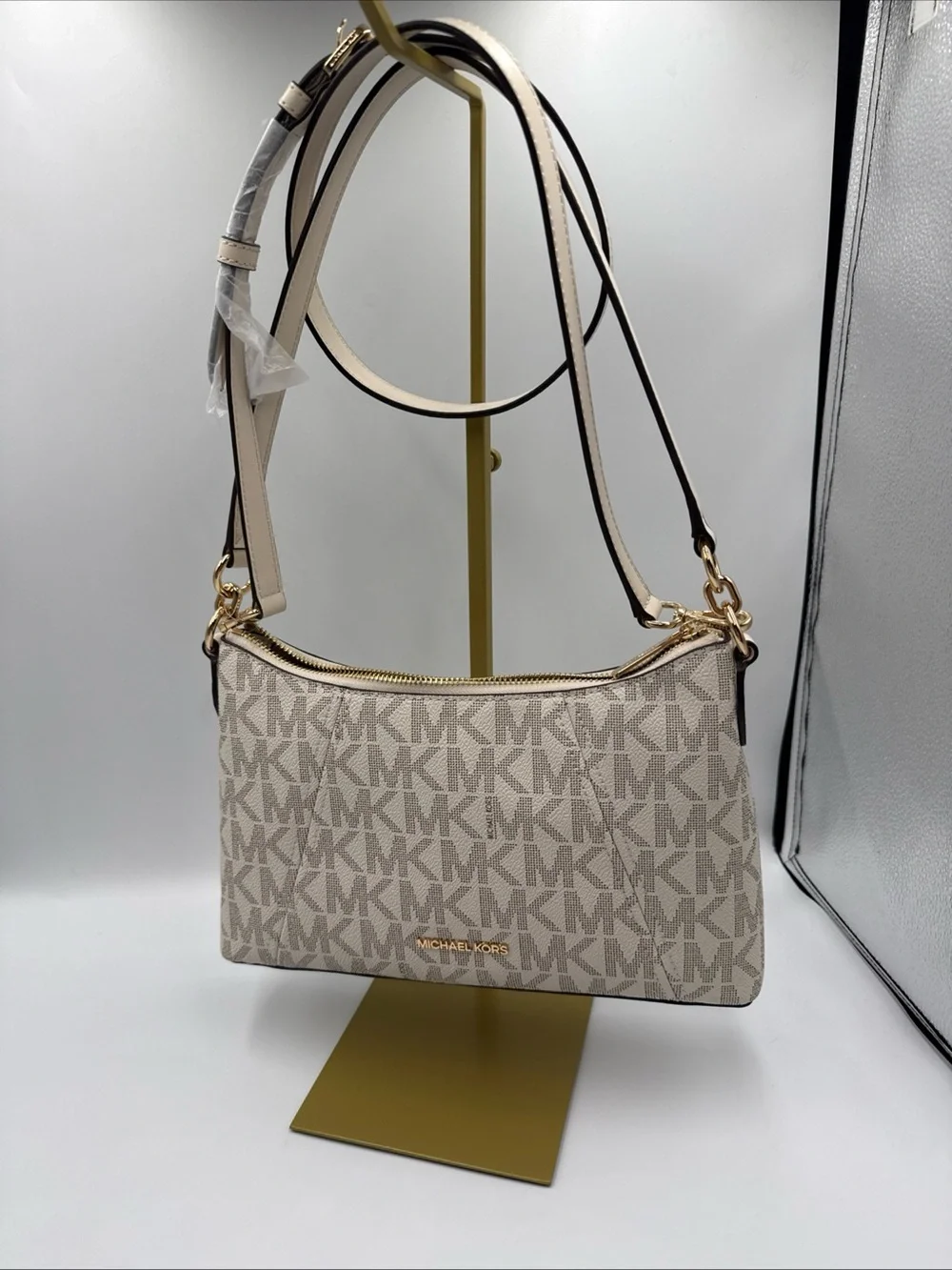Michael Kors Cream MK Logo Shoulder Bag with Gold Hardware